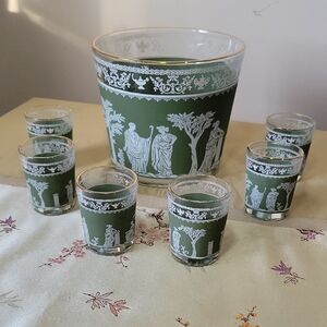 Vintage Jeanette Hellenic Green Jasperware Ice Bucket & Shot Glasses